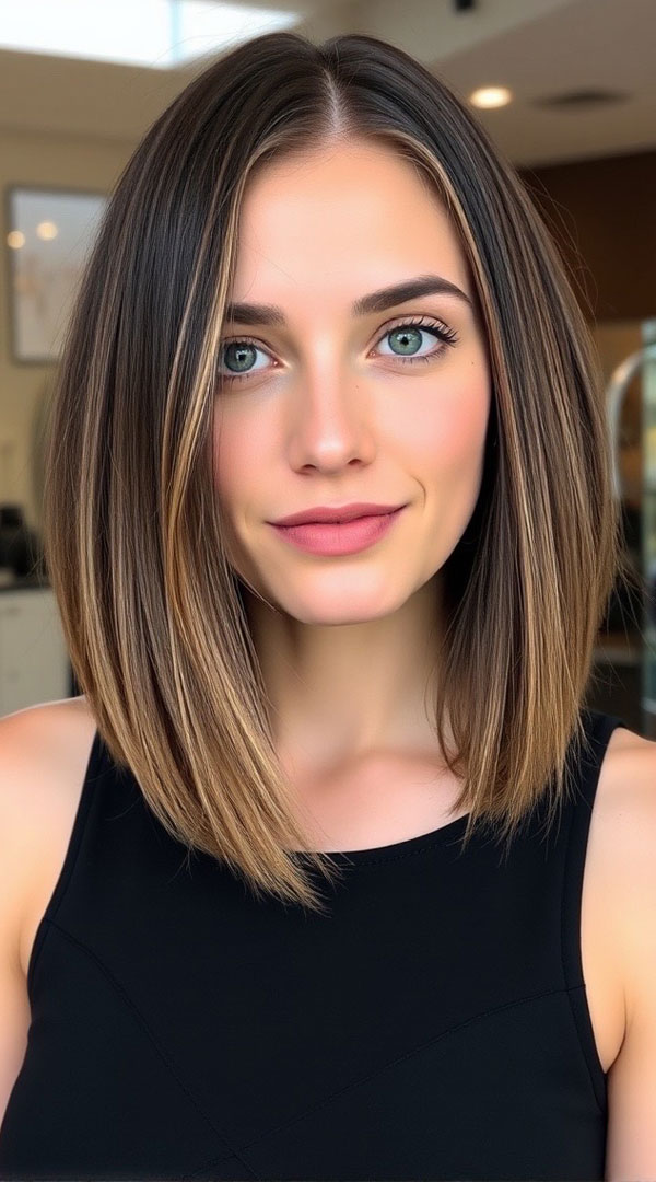 32 Low-Maintenance Medium-Length Haircuts : Straight Lob with Subtle Face-Framing Balayage