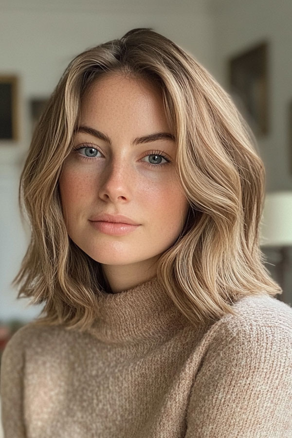 32 Low-Maintenance Medium-Length Haircuts : Soft Wavy Lob with Ash Blonde Highlights