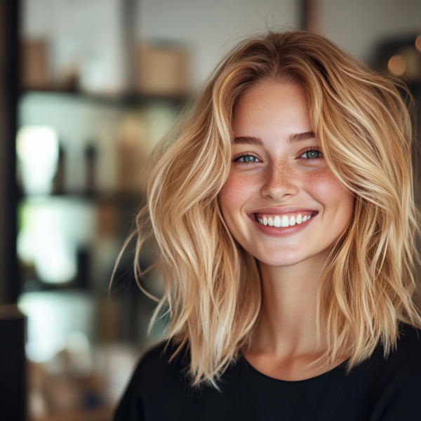 32 Low-Maintenance Medium-Length Haircuts : Textured Beachy Waves with Natural Blonde Tones