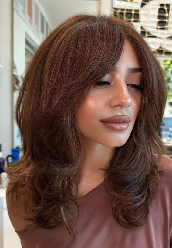 Warm Mocha Layers, medium layered haircut,  best hair colour for autumn and winter