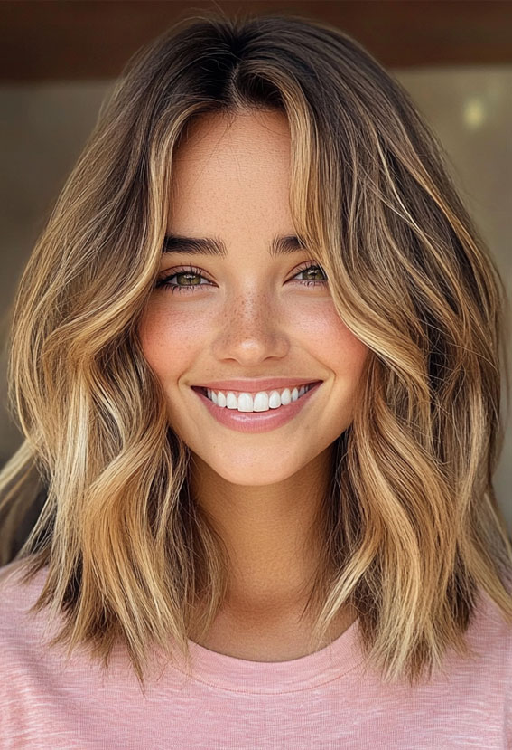 32 Low-Maintenance Medium-Length Haircuts : Sunlit Beachy Lob with Subtle Highlights