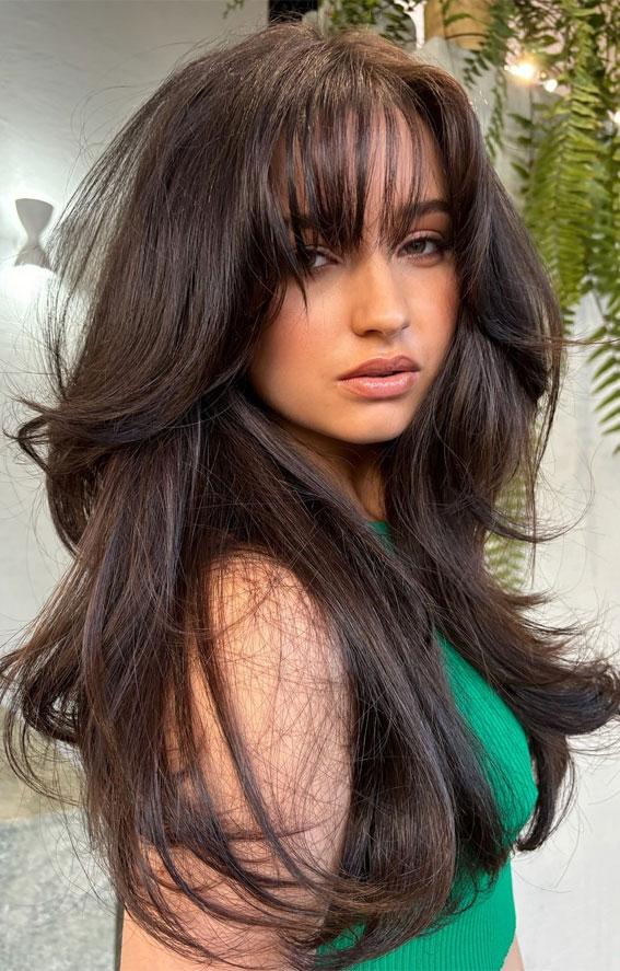 Rich Espresso Layers with Wispy Bangs, Subtle hair colour for dark hair, Subtle hair colour for brunettes, Subtle hair colour for brown hair, Best subtle hair colour