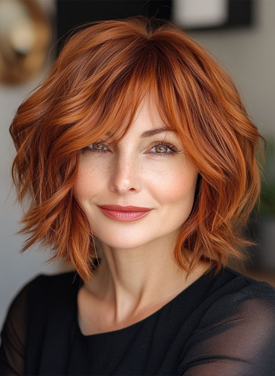 47 Bob Hairstyles for Women Over 50 : Fiery Copper Bob with Tousled Layers