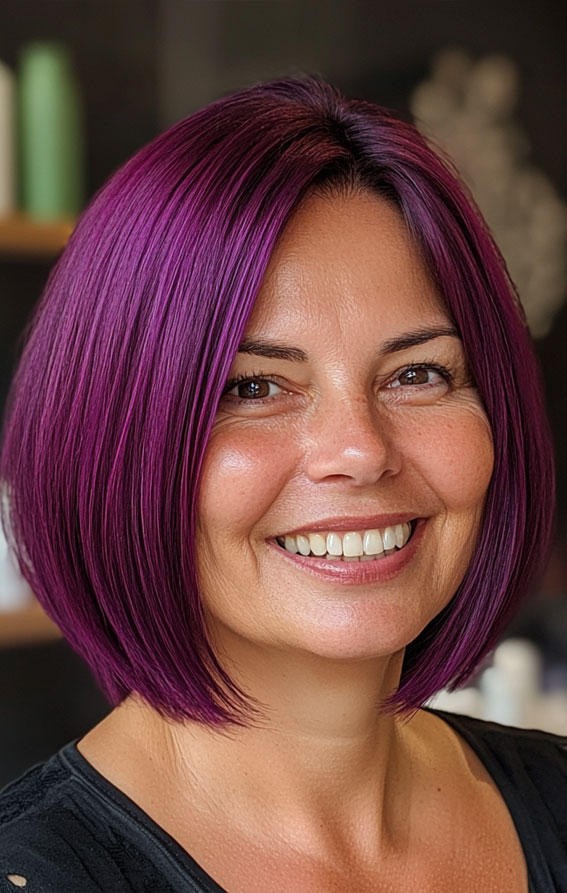 47 Bob Hairstyles for Women Over 50 : Vivid Purple Bob with Sleek Finish