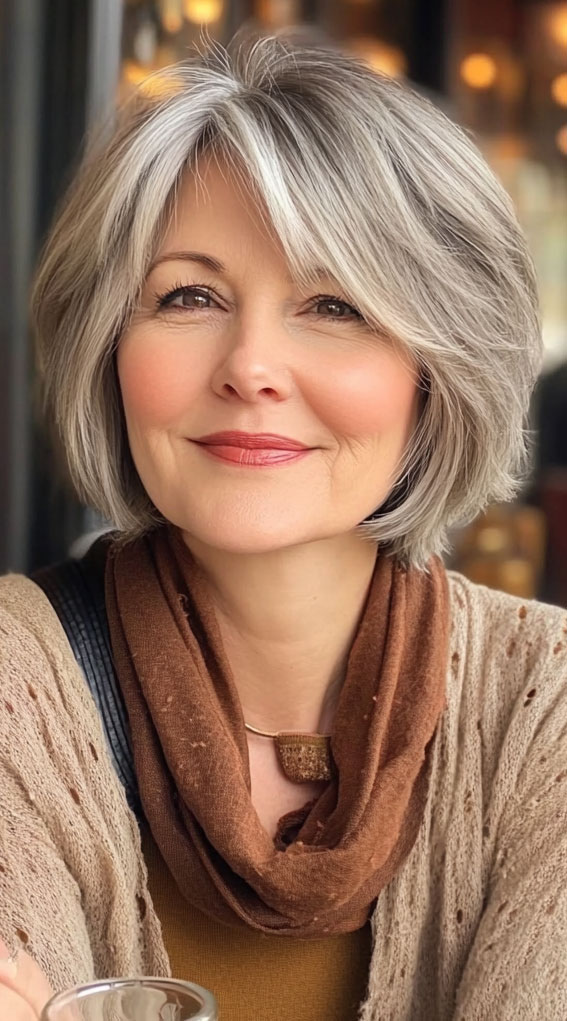 47 Bob Hairstyles for Women Over 50 : Layered Grey Bob with Soft Fringe