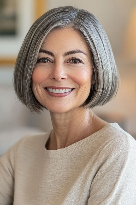 47 Bob Hairstyles for Women Over 50 : Polished Sleek Side Part Silver Bob