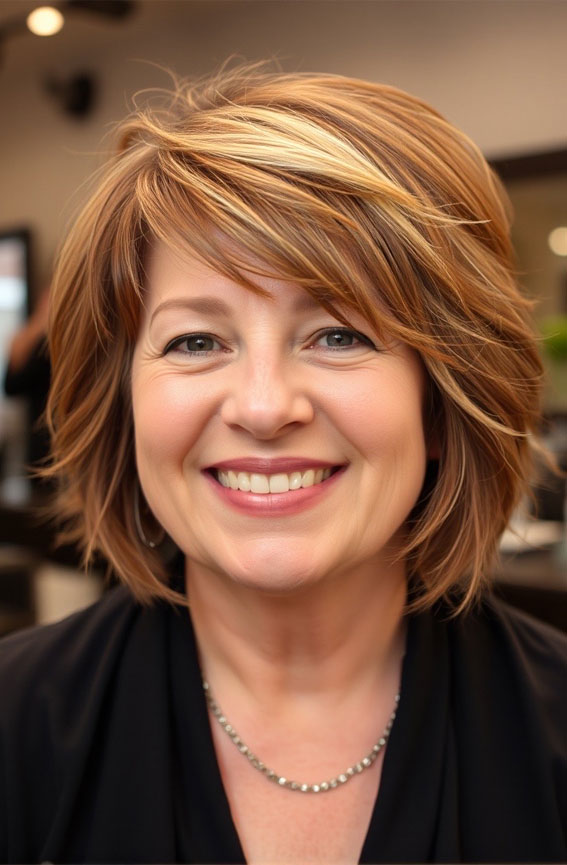 47 Bob Hairstyles for Women Over 50 : Layered Honey Blonde Bob