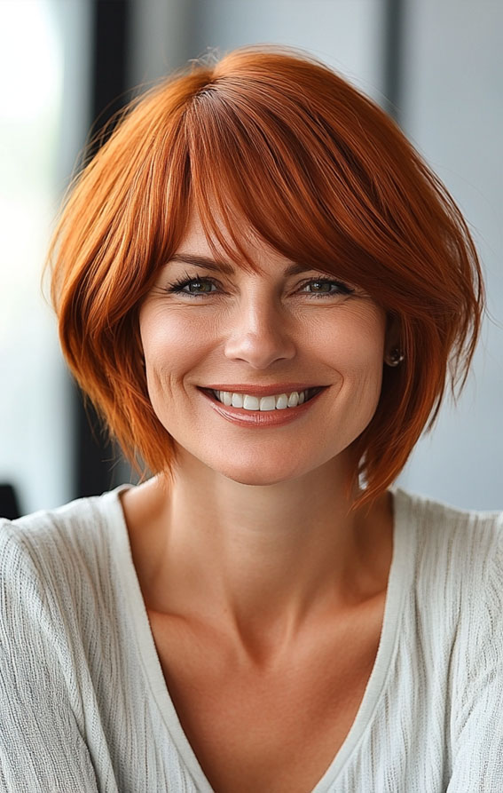 47 Bob Hairstyles for Women Over 50 : Fiery Copper Bob with Soft Layers