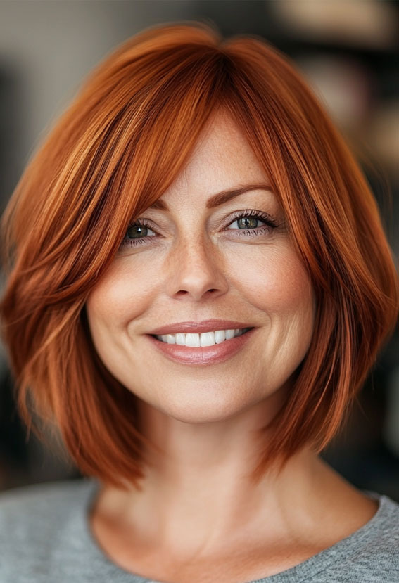 47 Bob Hairstyles for Women Over 50 : Vibrant Copper Bob with Side-Swept Layers