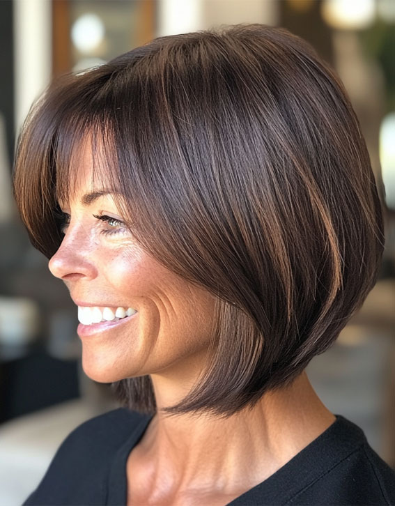 47 Bob Hairstyles for Women Over 50 : Sleek Chestnut Brown Bob with Layered Volume