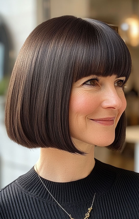 47 Bob Hairstyles for Women Over 50 : Classic Blunt Bob with Full Fringe