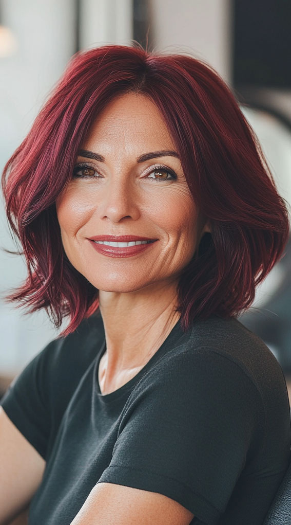 47 Bob Hairstyles for Women Over 50 : Burgundy Bob with Layered Texture