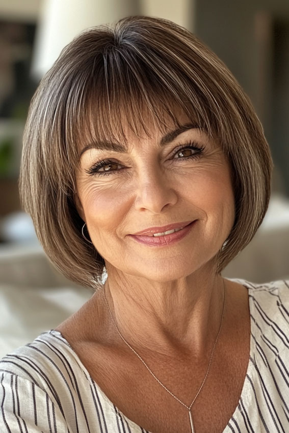 47 Bob Hairstyles for Women Over 50 : Brown Bob with Feathered Fringe