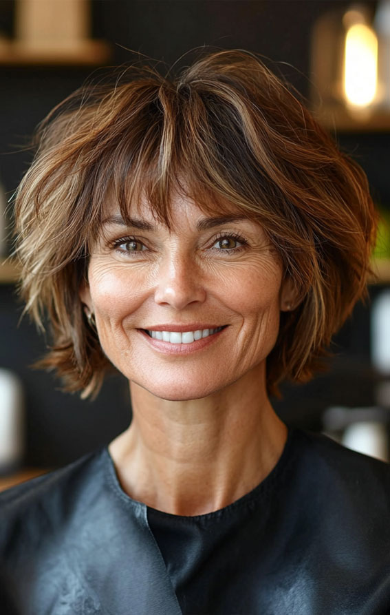 47 Bob Hairstyles for Women Over 50 : Choppy Layered Bob with Highlights