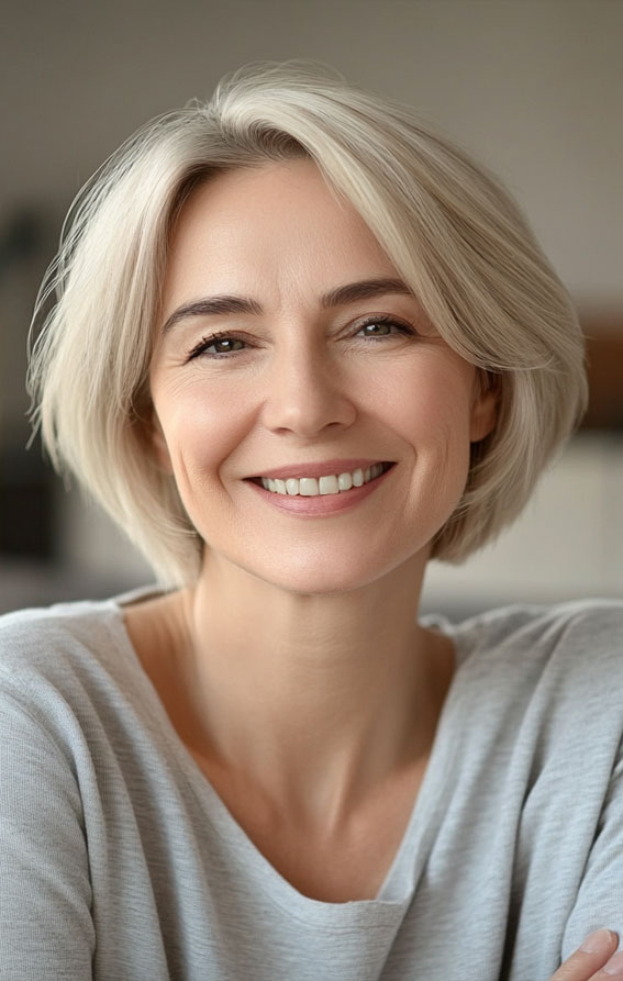 47 Bob Hairstyles for Women Over 50 : Chin-Length Soft Platinum Blonde Bob