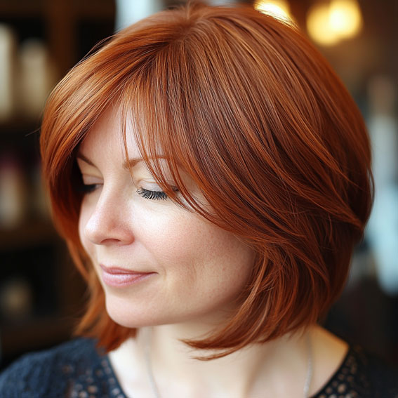 47 Bob Hairstyles for Women Over 50 : Warm Copper Bob with Soft Layers