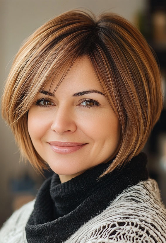 47 Bob Hairstyles for Women Over 50 : Warm Honey Blonde Bob with Feathered Layers