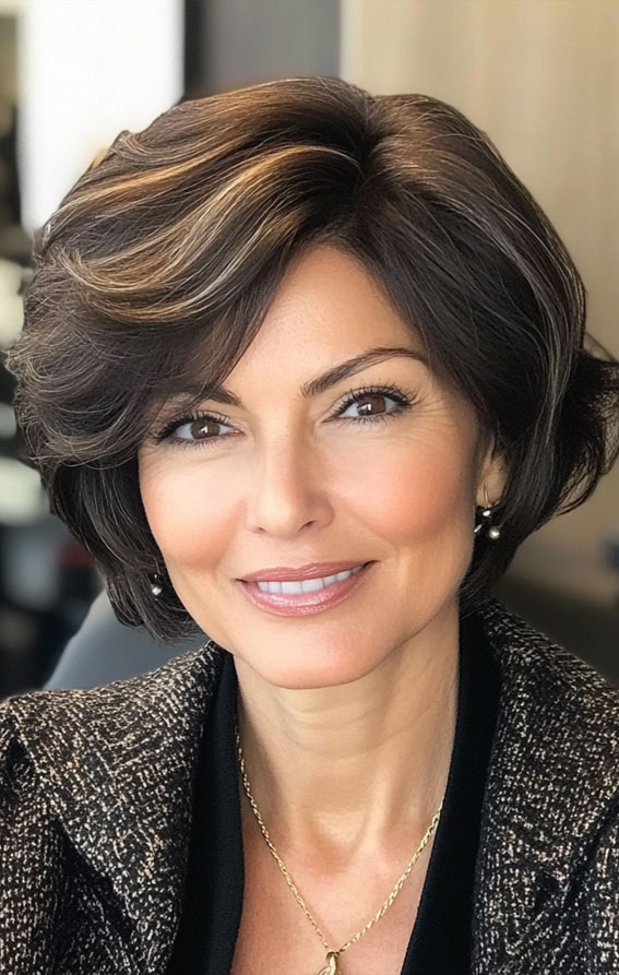 47 Bob Hairstyles for Women Over 50 : Rich Brunette Layered Bob with Subtle Highlights