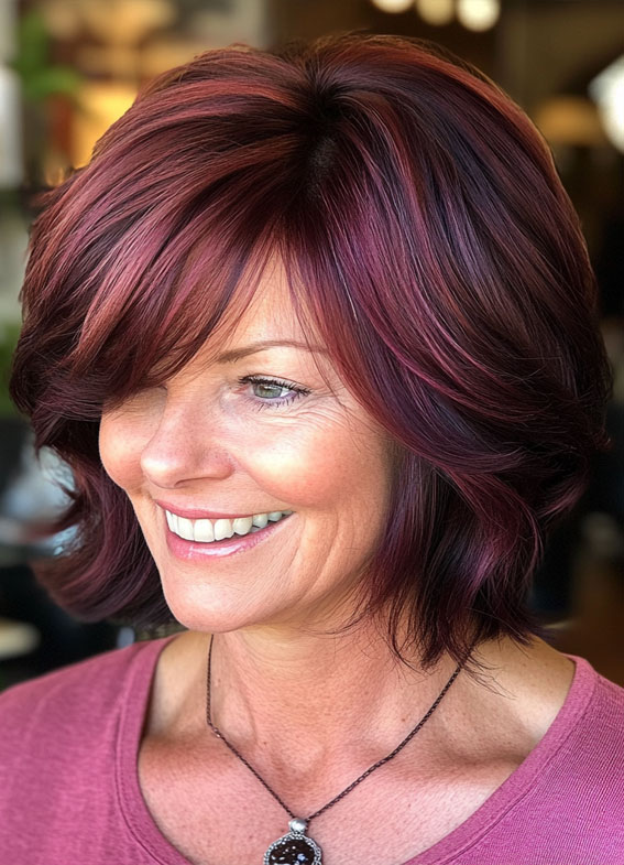 47 Bob Hairstyles for Women Over 50 : Vibrant Plum Bob with Feathered Layers