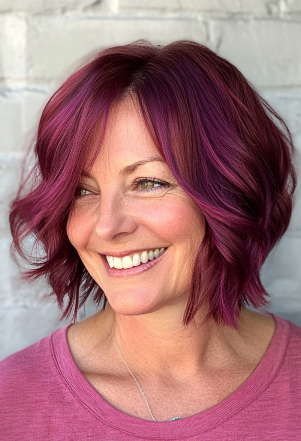 47 Bob Hairstyles for Women Over 50 : Magenta Wavy Bob with Textured Layers