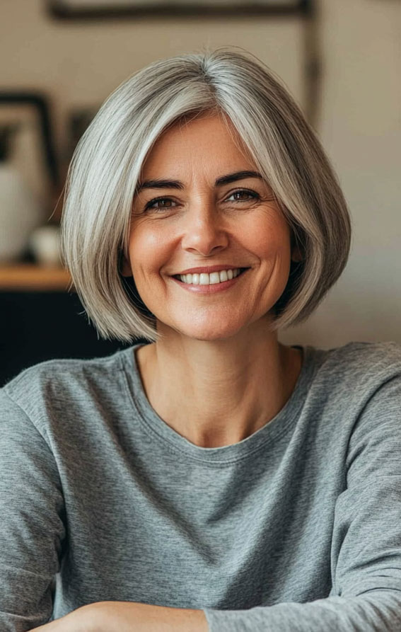 47 Bob Hairstyles for Women Over 50 : Grey Bob with Natural Volume