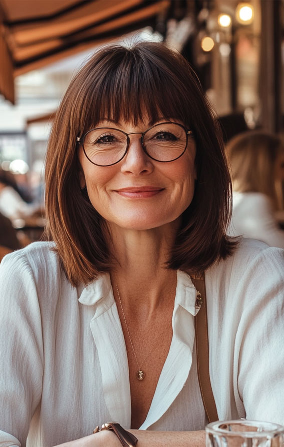 47 Bob Hairstyles for Women Over 50 : Classic Straight Bob with Bangs