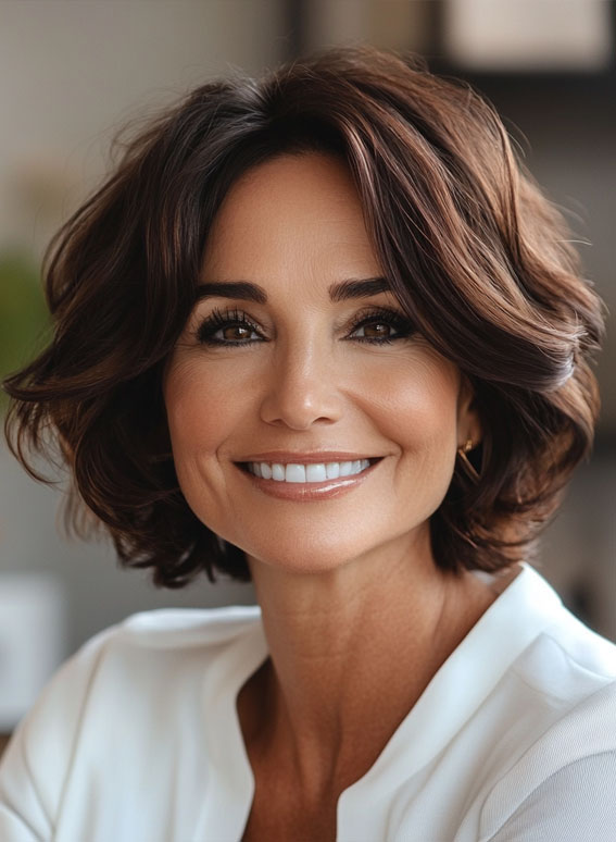 47 Bob Hairstyles for Women Over 50 : Wavy Bob with Warm Brunette Highlights