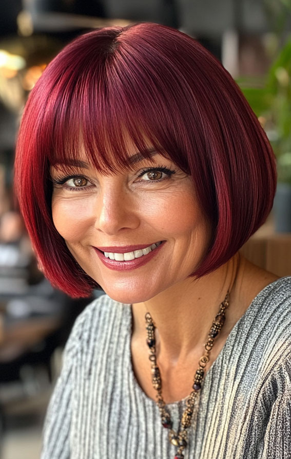 47 Bob Hairstyles for Women Over 50 : Vibrant Burgundy Bob with Blunt Fringe