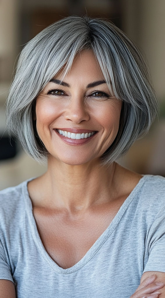 47 Bob Hairstyles for Women Over 50 : Graceful Silver Bob with Feathered Layers