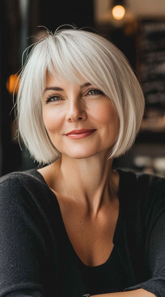 47 Bob Hairstyles for Women Over 50 : Silver Bob with Side-Swept Bangs