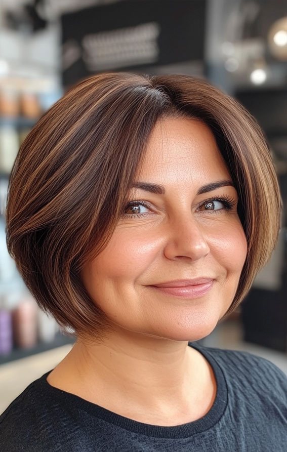 47 Bob Hairstyles for Women Over 50 : Brunette Short Bob with Subtle Highlights