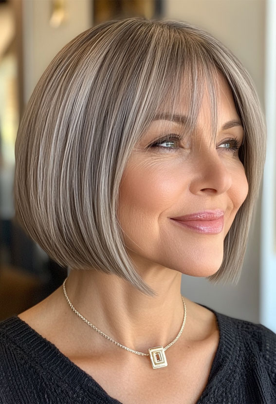 47 Bob Hairstyles for Women Over 50 : Classic Sleek Bob with Ashy Highlights