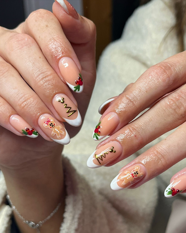 Gold Christmas Tree French Nails, Christmas nail art, Christmas nail ideas, Christmas nails, mix and match festive holiday nails, cute Christmas nail designs, festive holiday nails