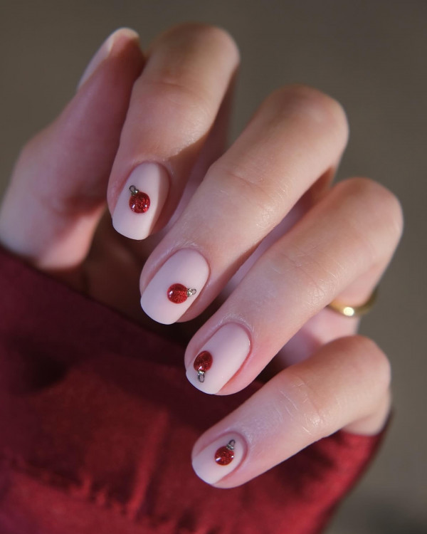 From Subtle to Sparkly Christmas Nails That Wow : Sparkling Red Bauble Subtle Nails