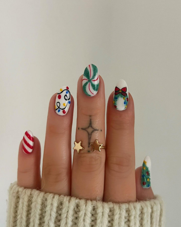 Festive Playful Christmas Nails, red Christmas nails, Christmas nail art, Christmas nail ideas, Christmas nails, mix and match festive holiday nails, cute Christmas nail designs, festive holiday nails