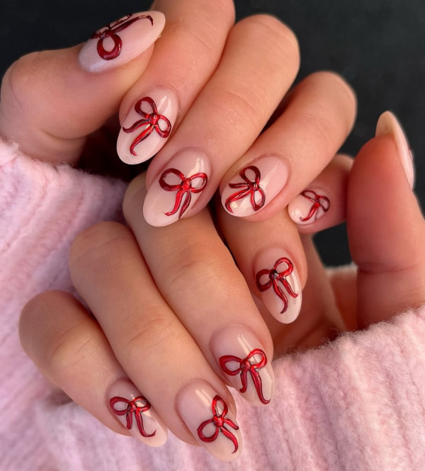 Red Bow Christmas Nails, red Christmas nails, Christmas nail art, Christmas nail ideas, Christmas nails, mix and match festive holiday nails, cute Christmas nail designs, festive holiday nails