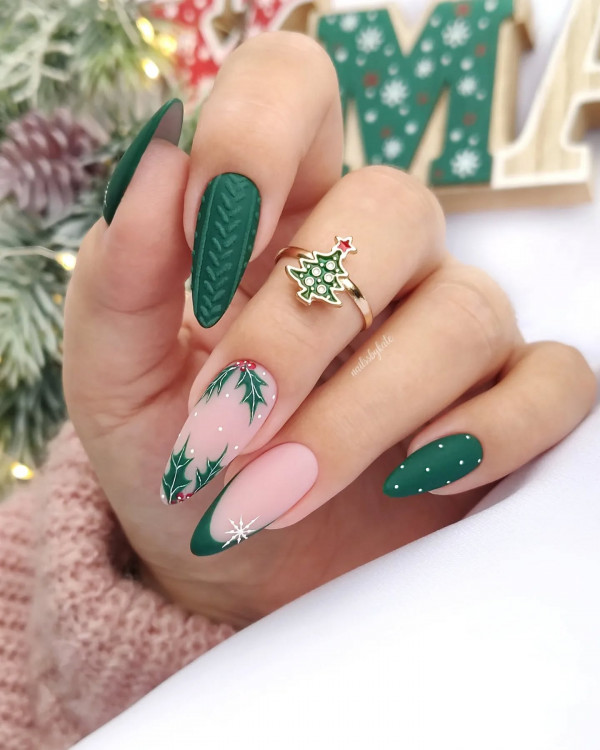 From Subtle to Sparkly Christmas Nails That Wow : Green Sweater & Holly Nails