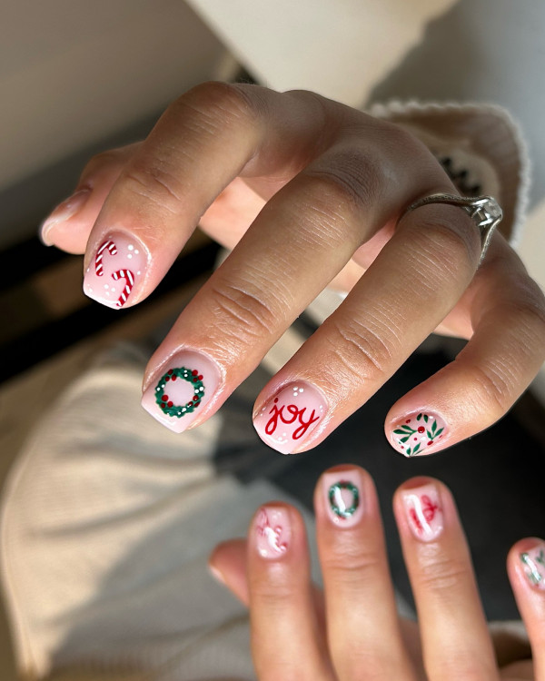 Joyful Miniature Christmas Nails, short Christmas nails, Red Christmas nails, Christmas nail art, Christmas nail ideas, Christmas nails, mix and match festive holiday nails, cute Christmas nail designs, festive holiday nails