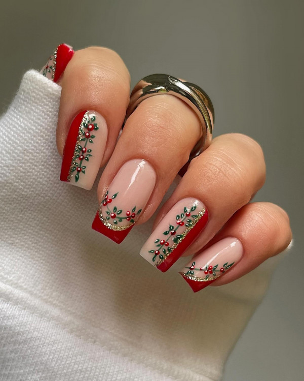 From Subtle to Sparkly Christmas Nails That Wow : Elegant Holly and Red Nails