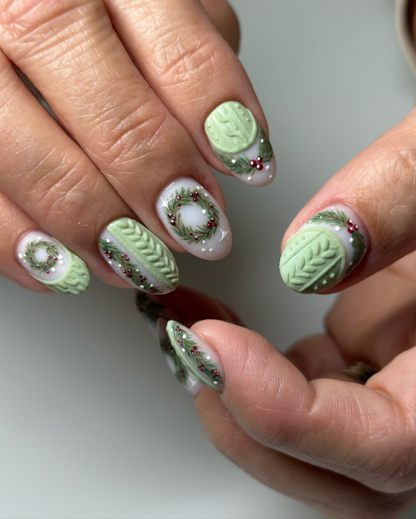 Soft Green Cable Knit Nails, subtle Christmas nails, , Christmas nail art, Christmas nail ideas, Christmas nails, mix and match festive holiday nails, cute Christmas nail designs, festive holiday nails