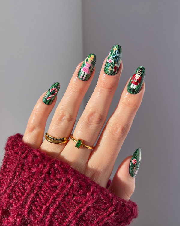 Nutcracker-Inspired Nails, Christmas nail art, Christmas nail ideas, Christmas nails, mix and match festive holiday nails, cute Christmas nail designs, festive holiday nails