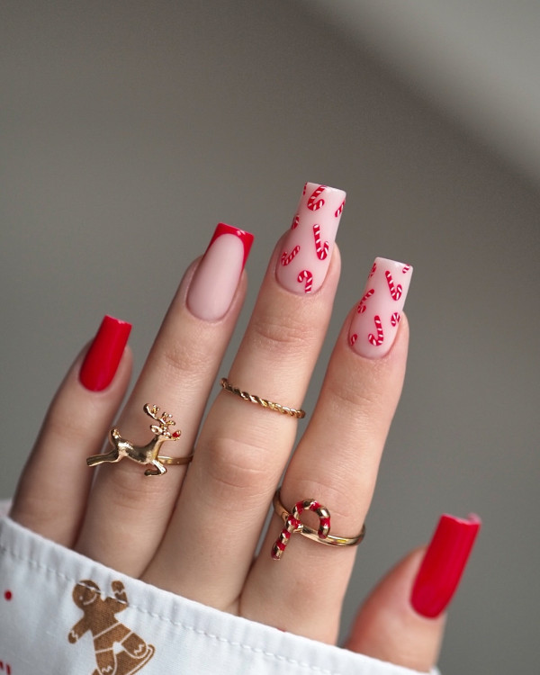 Candy Cane & Red Nails, Christmas nail art, Christmas nail ideas, Christmas nails, mix and match festive holiday nails, cute Christmas nail designs, festive holiday nails