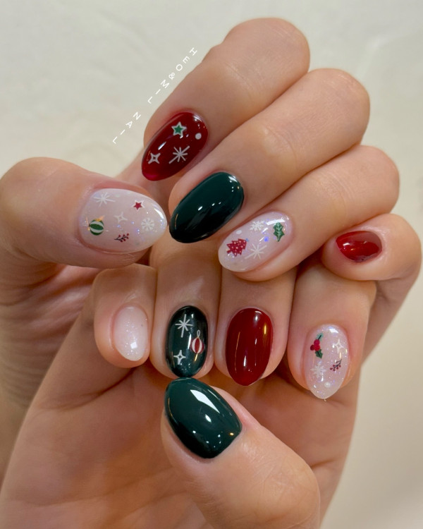 From Subtle to Sparkly Christmas Nails That Wow : Festive Green, Red & Sparkle Mix Nails