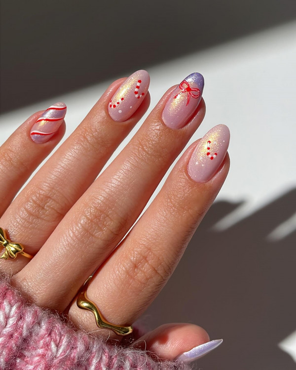 Candy Cane Shimmering Nails, red Christmas nails, Christmas nail art, Christmas nail ideas, Christmas nails, mix and match festive holiday nails, cute Christmas nail designs, festive holiday nails