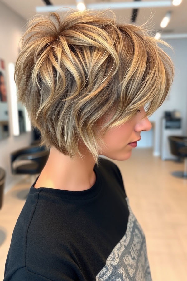 Golden Textured Pixie Bob, pixie haircuts, pixie hairstyle, pixie haircut, short haircut, Pixie haircut gallery, Pixie haircut for women, Pixie haircuts 2024, Long pixie cut, Medium pixie haircut gallery, Pixie hairstyles for fine hair