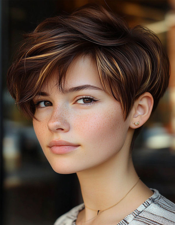 Golden Cocoa Pixie with Wispy Layers, pixie haircuts, pixie hairstyle, pixie haircut, short haircut, Pixie haircut gallery, Pixie haircut for women, Pixie haircuts 2024, Long pixie cut, Medium pixie haircut gallery, Pixie hairstyles for fine hair