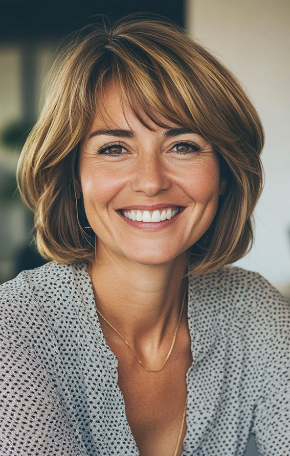 40 Layered Bob Hairstyles for Women Over 50 : Natural Honey Blonde Bob with Soft Fringe