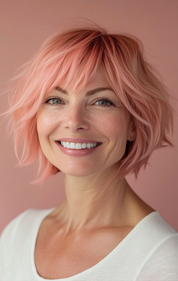 40 Layered Bob Hairstyles for Women Over 50 : Soft Pink Layered Bob with Textured Fringe