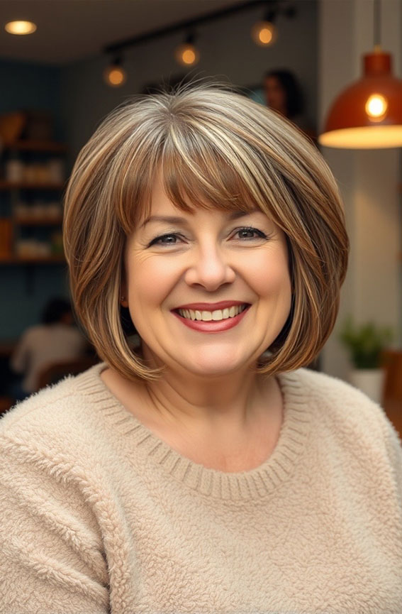 40 Layered Bob Hairstyles for Women Over 50 : Rounded Bob with Light Highlights