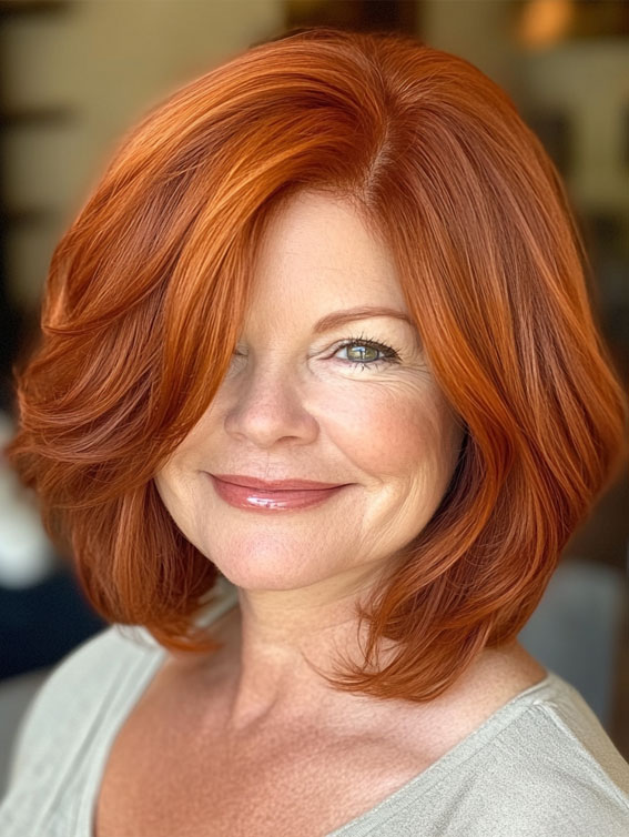 40 Layered Bob Hairstyles for Women Over 50 : Bold Copper Bob with Voluminous Layers